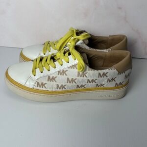 Michael Kors MK Logo Sneakers White‎ Leather Yellow Laces Casual Shoes